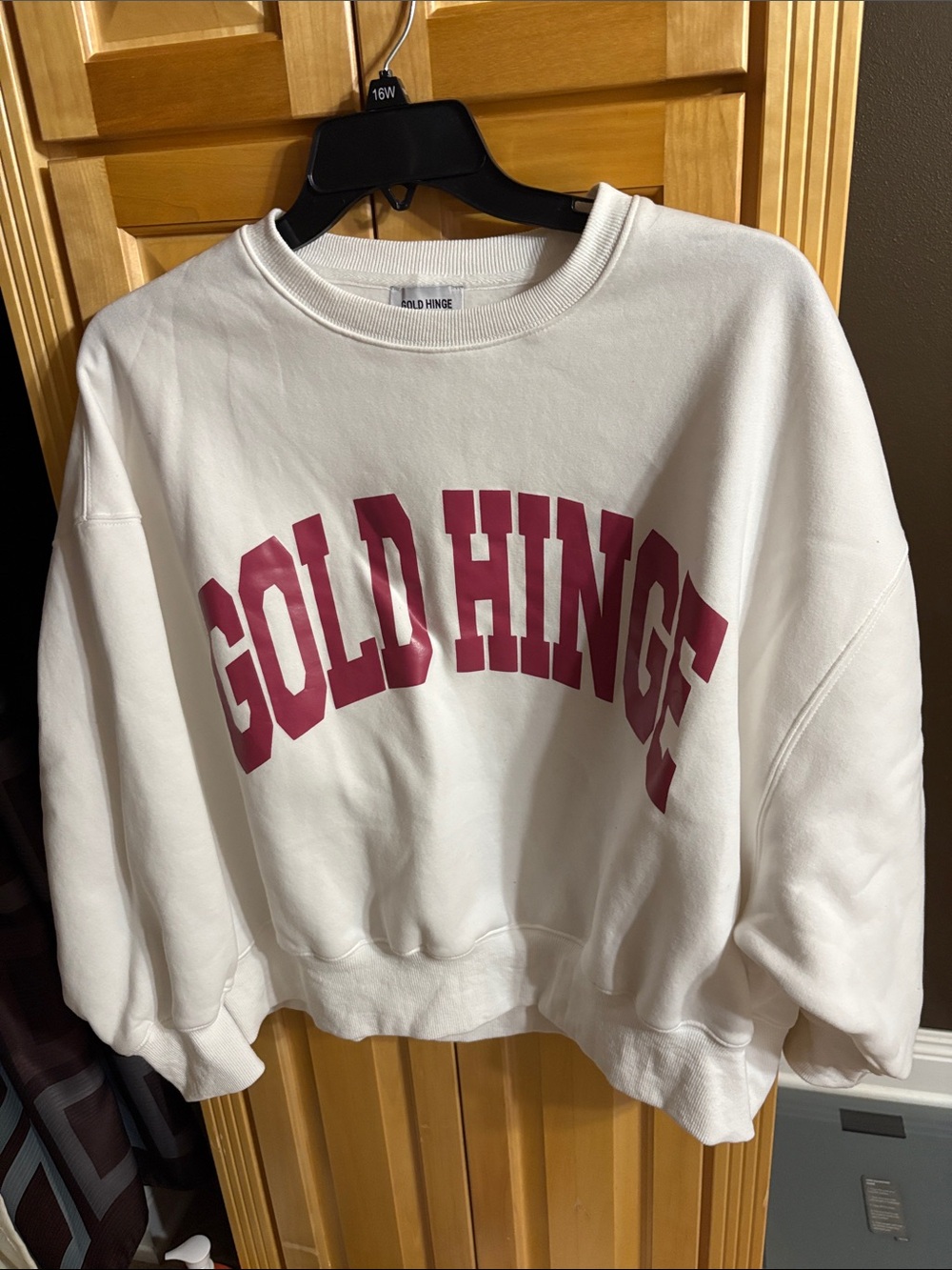 Gold Hinge Women's White Crewneck Sweatshirt with Pink Logo